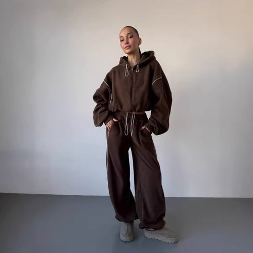 Damen lässiger Kapuzen-Sweatanzug mit weiten Hosen und seitlichem Streifen Drune