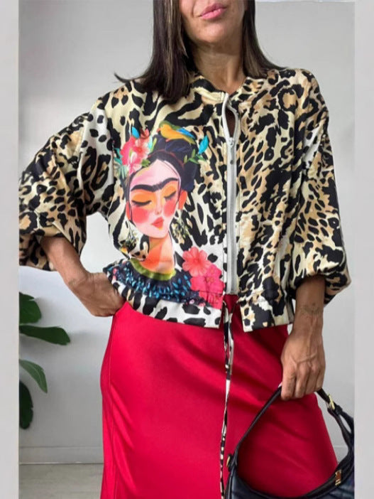 Damen entspannte Bomberjacke mit extravagantem Leoparden-Motiv Drune