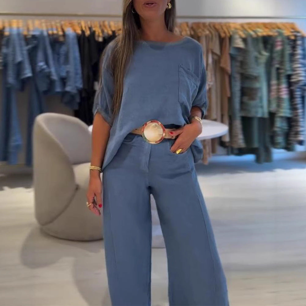 Damen nan Leinenmix-Zweiteiler mit kastigem Oversize-Shirt, Brusttasche und weiter Palazzohose Drune
