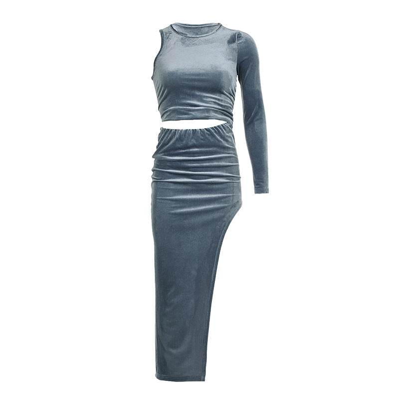 Damen Maxikleid mit asymmetrischem Saum und elegantem Langarm-Design Drune