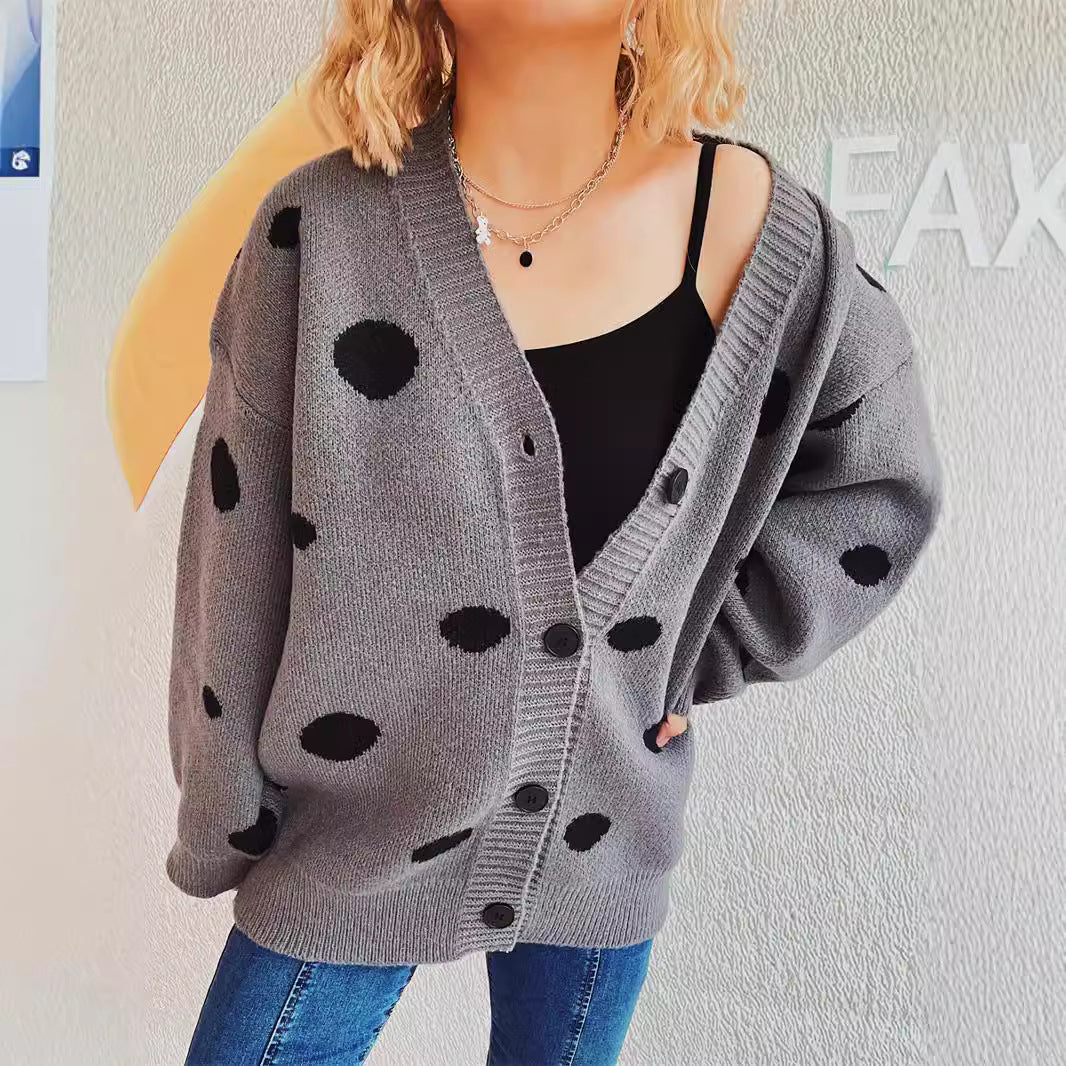 Damen lässige Strickjacke mit modernen Punkten und voluminösen Ärmeln Drune