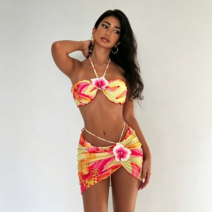 Damen Bandeau-Bikini mit floralem Wickelrock Drune