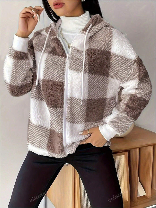 Damen Übergangsjacke aus weichem Teddy-Material mit Karo-Muster Drune