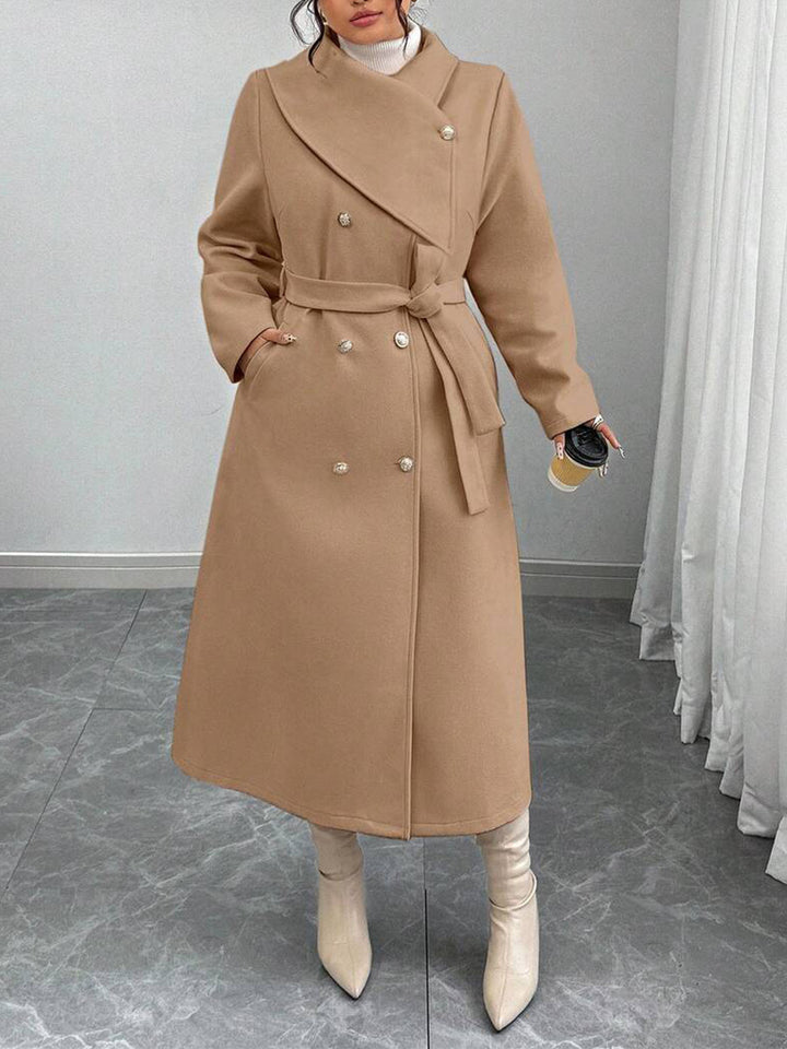 Damen eleganter wärmender Wollmantel mit doppelter Knopfleiste und einem Gürtel Drune