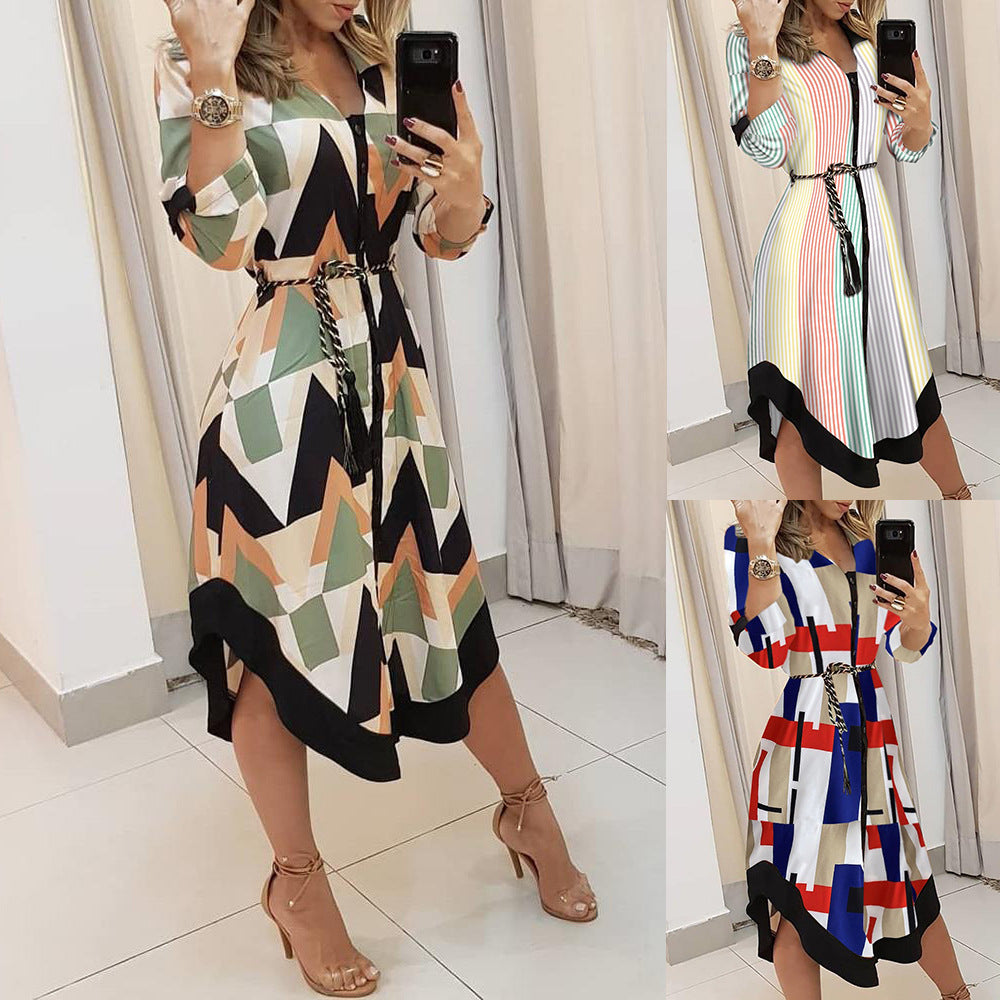 Damen gestreiftes Midikleid mit Gürtel und asymmetrischem Saum Drune
