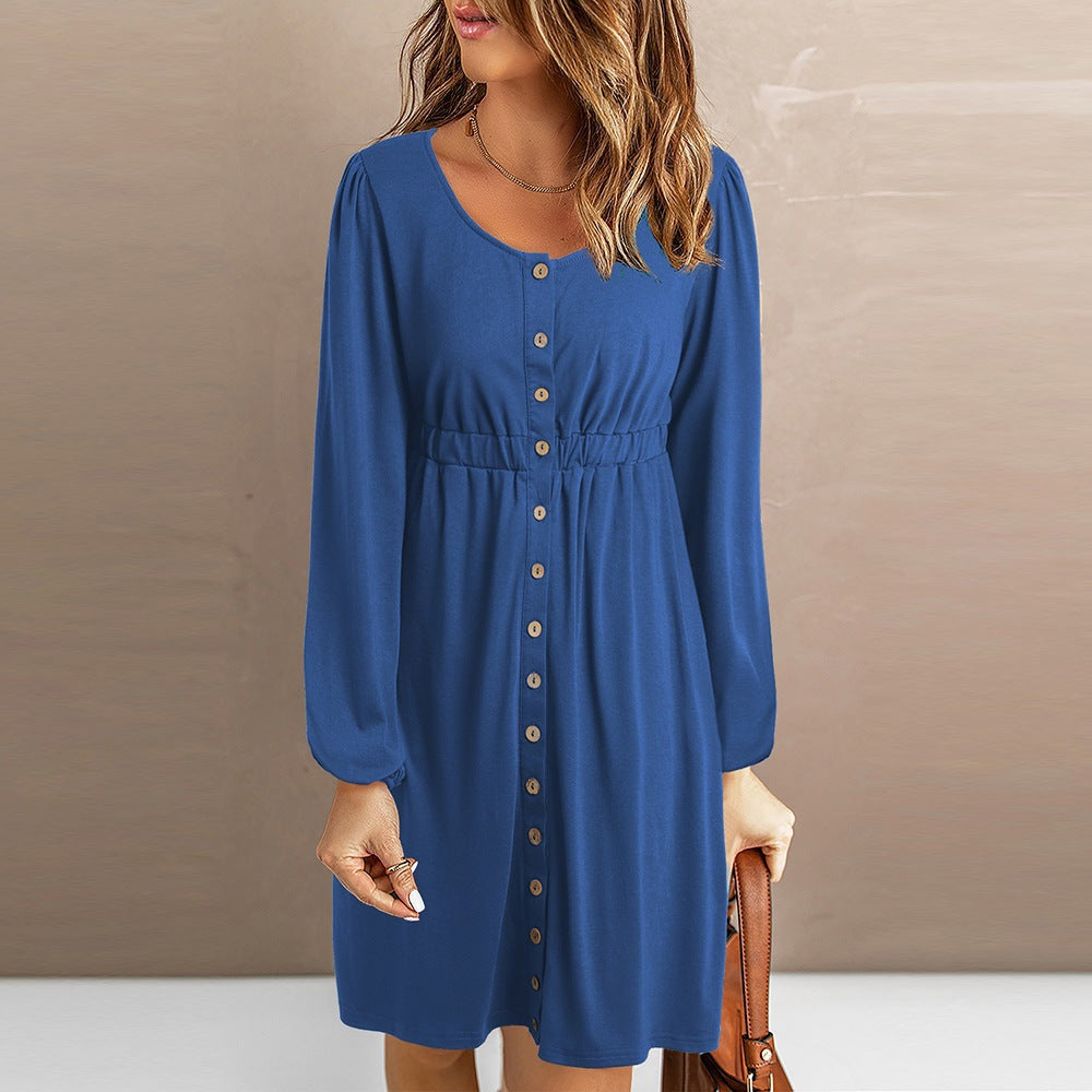 Damen knielanges Kleid mit Knopfdetails und elastischem Taillenzug Drune