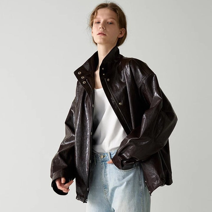 Damen modische Oversized-Lederjacke mit hohem Kragen und Druckknopfverschluss Drune