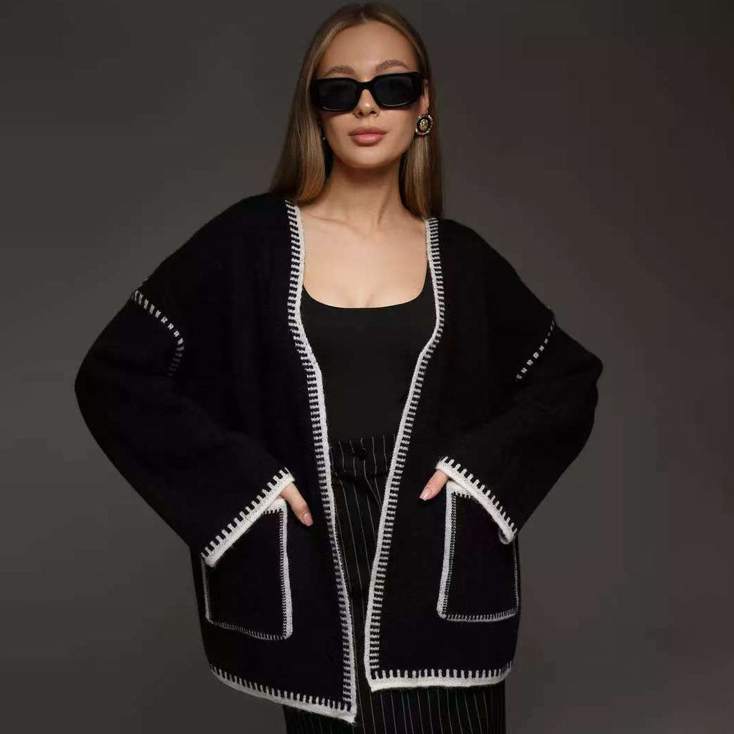 Damen Modischer Strickcardigan mit Taillengürtel und originellem Taschen-Design Drune