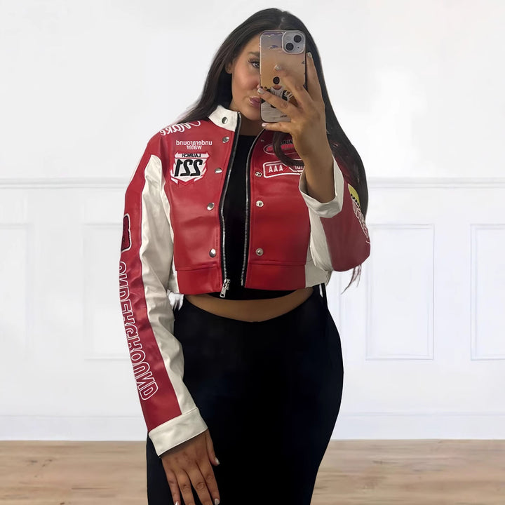 Damen trendige cropped Bikerjacke mit sportlichen Patches Drune