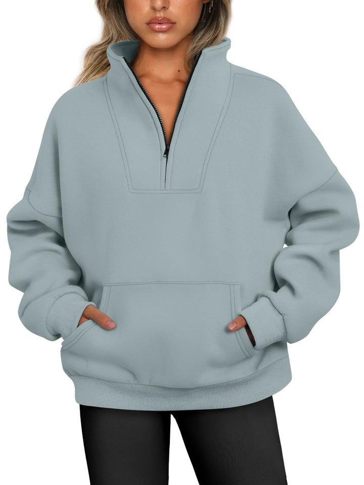 Damen nan oversized Halbzip-Hoodie mit hohem Stehkragen, Kängurutasche und gerippten Bündchen Drune