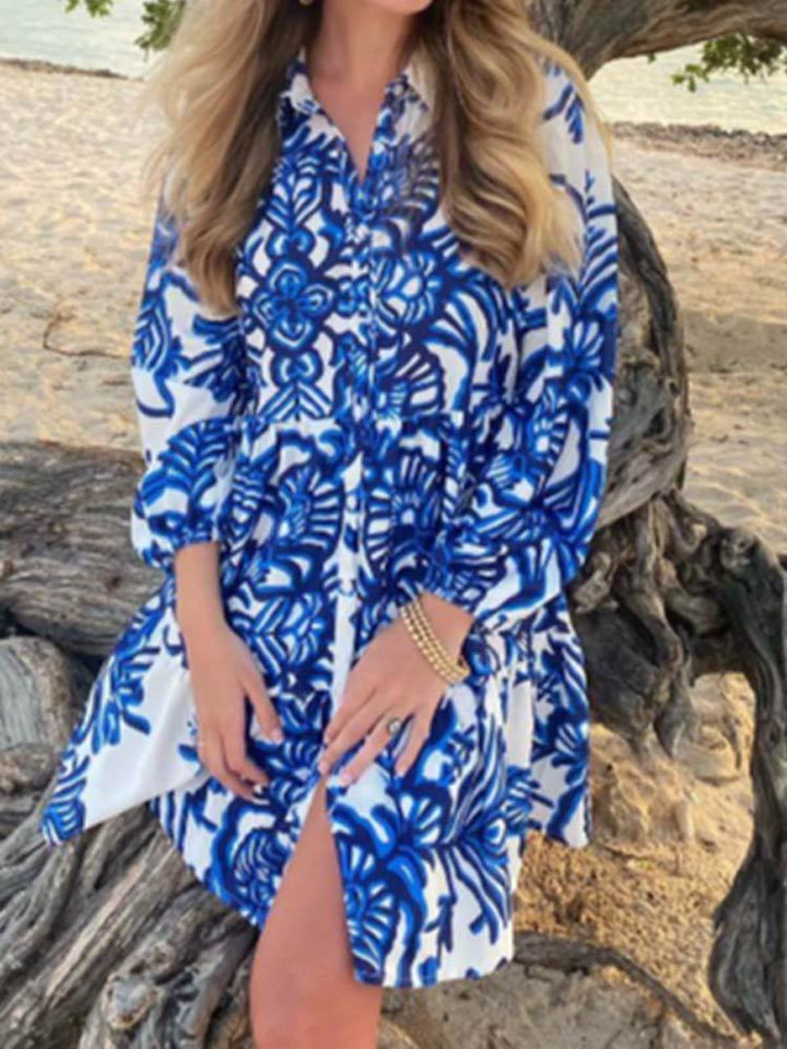 Damen lässiges Hemdkleid mit voluminösen Ärmeln und durchgehendem Knopfverschluss Drune