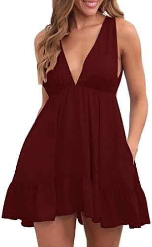 Damen lässiges Minikleid mit V-Ausschnitt und Rüschendetails Drune