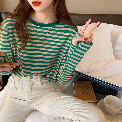 Damen lässiges Langarmshirt mit Streifenmuster und weitem Schnitt Drune