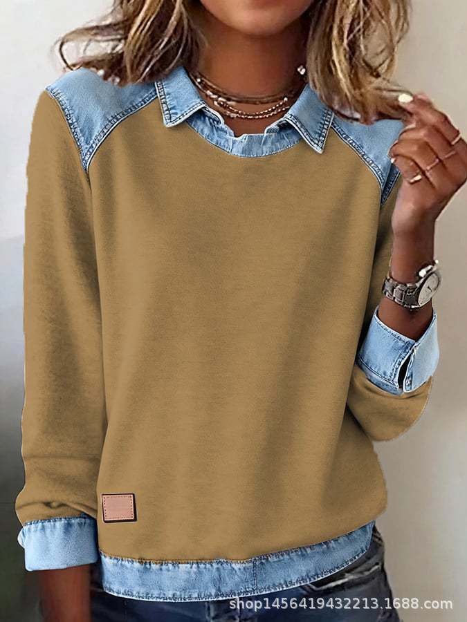 Damen nan gerippter Strickpullover mit Jeanskragen und Knopfleiste Drune