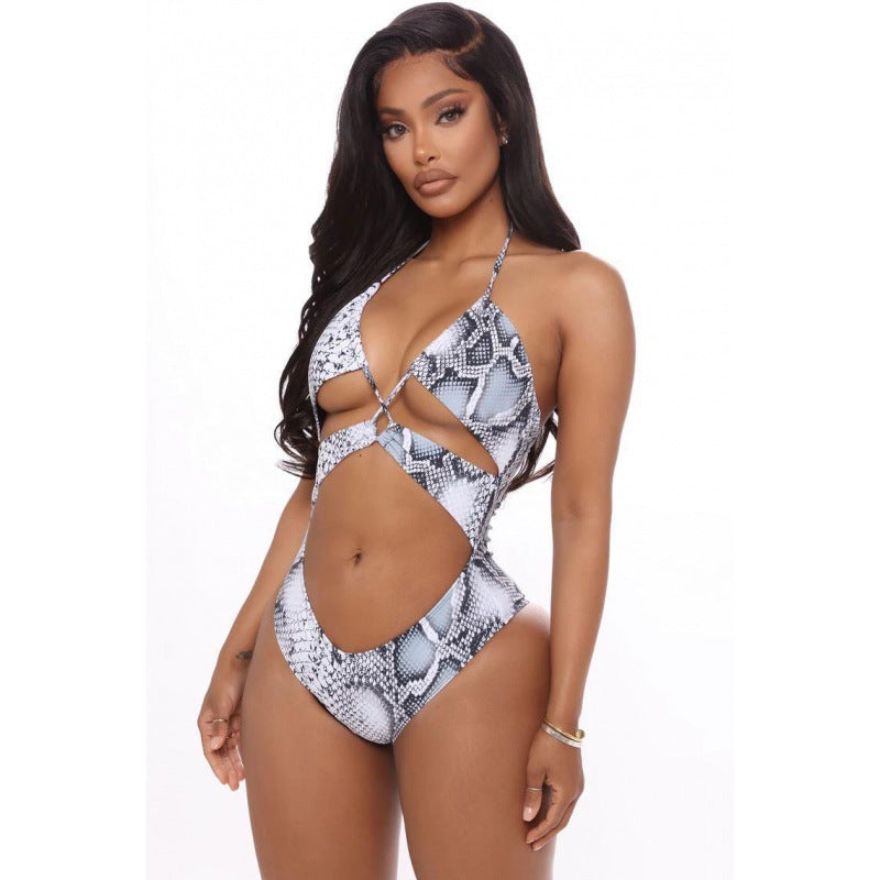 Damen Einteiler Badeanzug mit aufregendem Schlangenprint und modischen Cut-Outs Drune