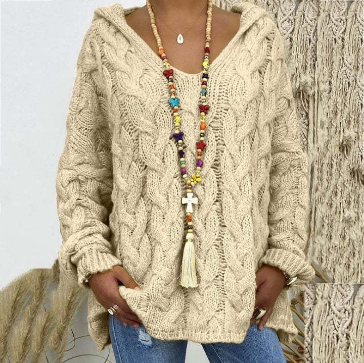 Damen nan oversized Kapuzenpullover mit Zopfmuster, tiefem V-Ausschnitt und seitlichen Schlitzen Drune