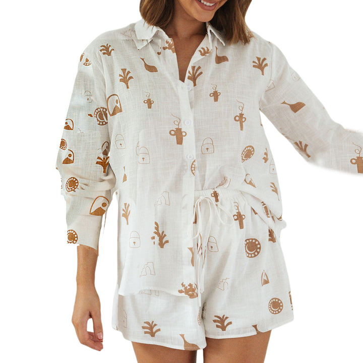 Damen luftiges Pyjama-Set mit kreativem Muster und elastischem Bund Drune