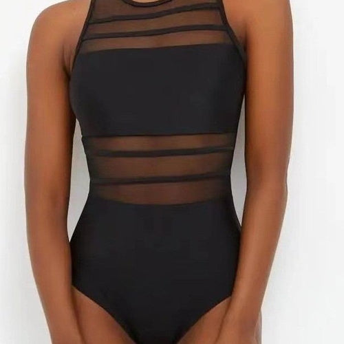 Damen Einteiler Badeanzug mit transparenten Mesh-Einsätzen Drune