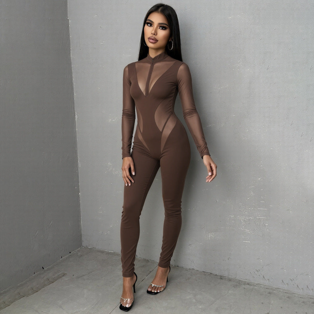 Damen Eleganter Catsuit mit transparenten Einsätzen und hohem Kragen Drune