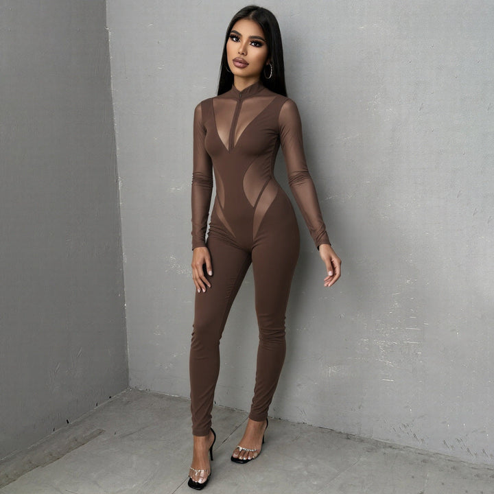Damen Eleganter Catsuit mit transparenten Einsätzen und hohem Kragen Drune