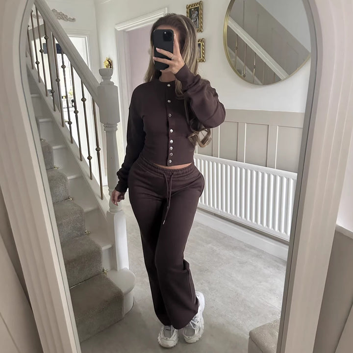 Damen gemütliches Strick-Loungewear-Set mit Knopfleiste Drune