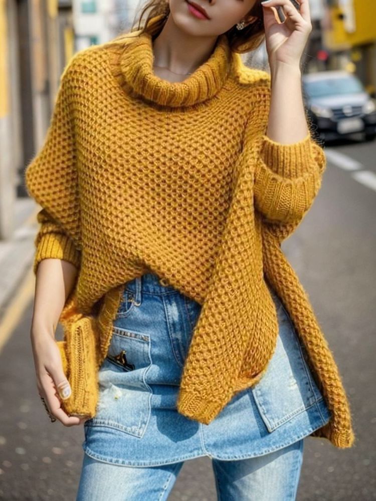 Damen lässiger Strickpullover mit hohem Kragen und strukturiertem Design Drune