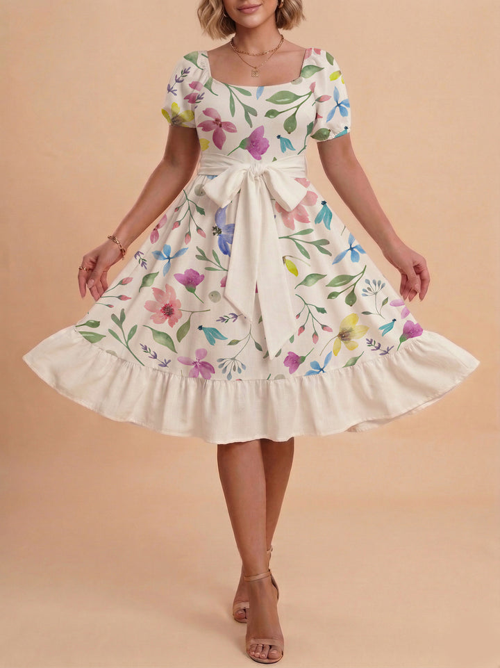 Damen Blumenkleid mit taillierbarem Gürtel und voluminösen Ärmeln Drune