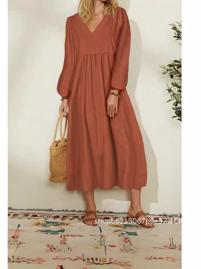 Damen leichtes Maxikleid mit V-Ausschnitt und ballonähnlichen Ärmeln Drune
