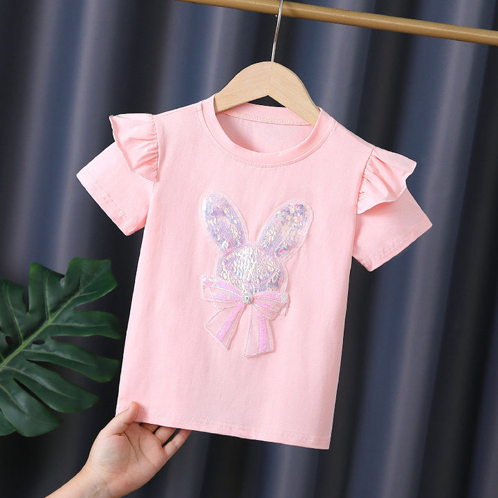 Mädchen T-Shirt mit aufgesticktem Häschen und Rüschendetails Drune