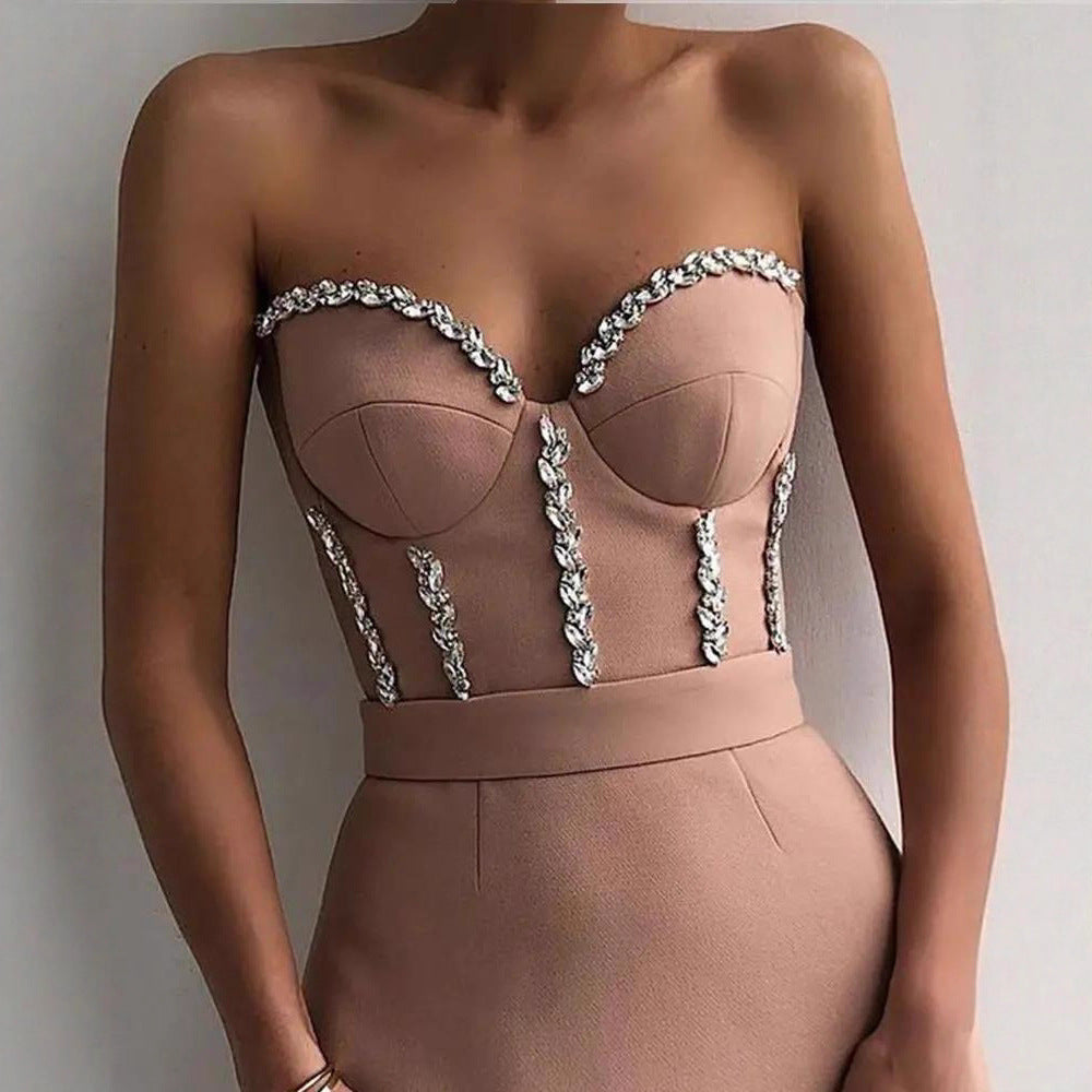 Damen figurbetontes Abendkleid mit eleganter Bustier-Optik und schimmernden Applikationen Drune