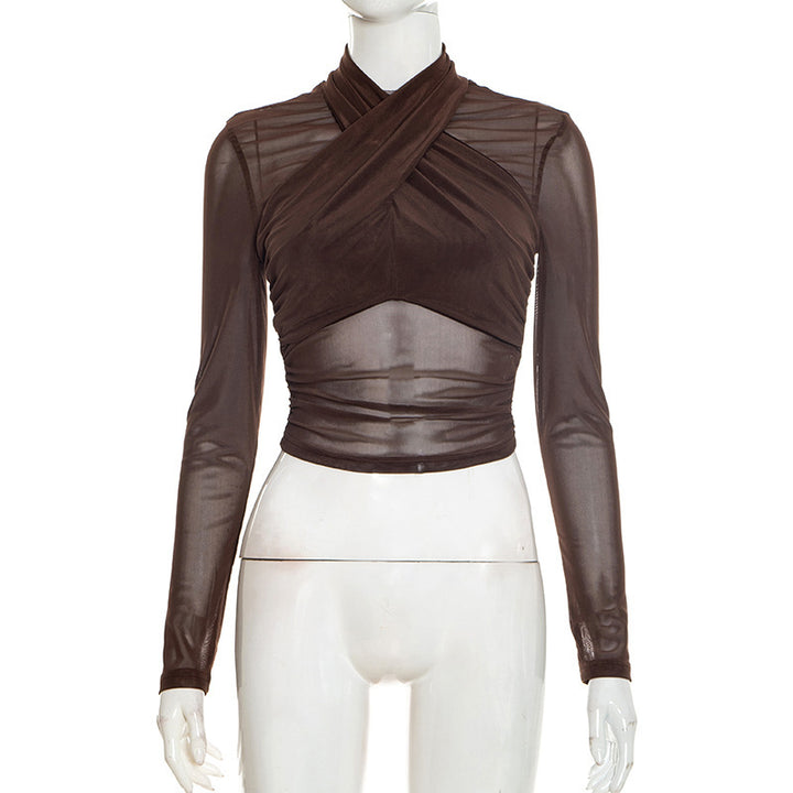 Damen Elegantes Wickeloberteil mit transparentem Stoff und langen Ärmeln Drune