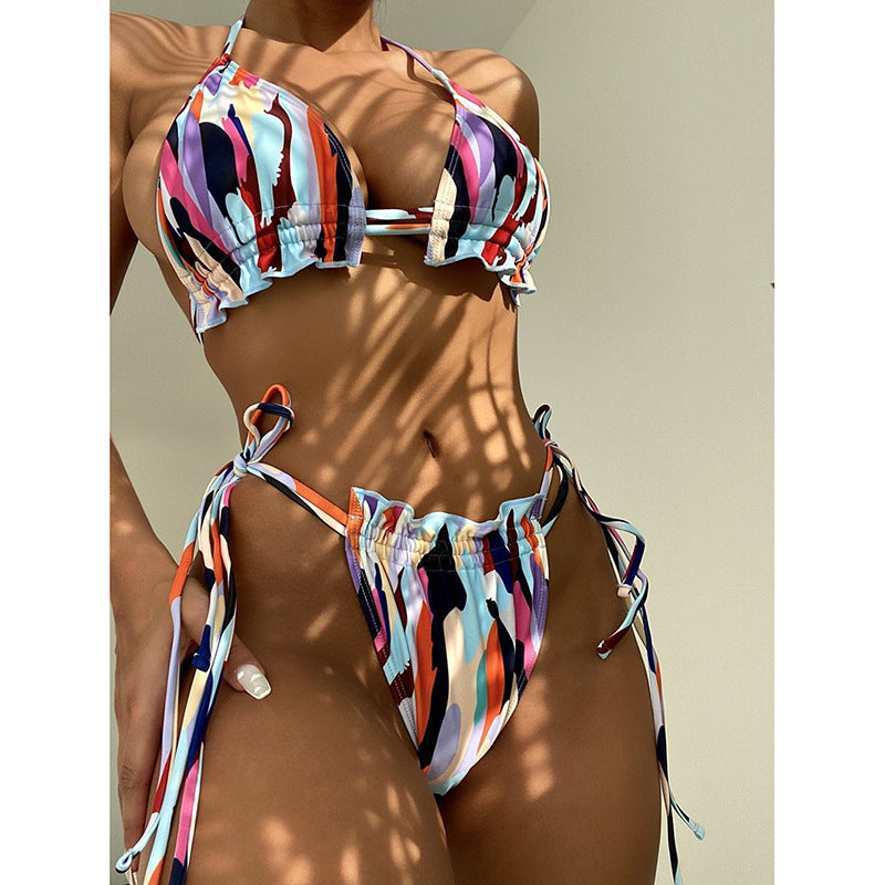 Damen Triangel-Bikini mit doppeltem Rüschendesign und verstellbarem Bindeband Drune