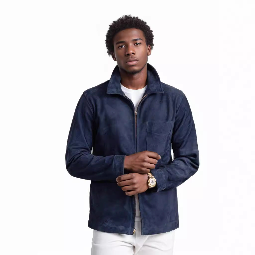 Herren modische Wildlederjacke mit hohem Stehkragen Drune