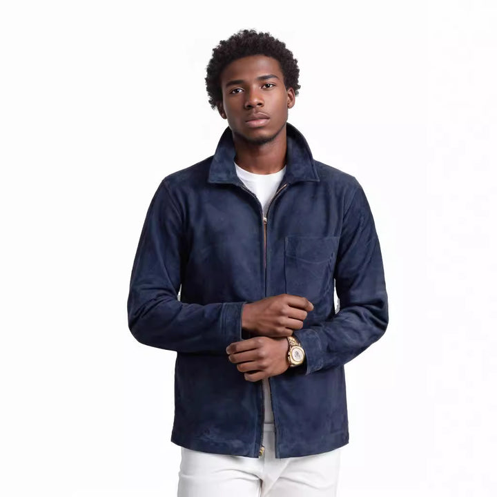 Herren modische Wildlederjacke mit hohem Stehkragen Drune