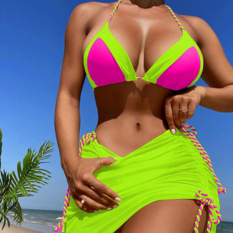 Damen Triangel-Bikini mit Wickelrock und Bänder Drune