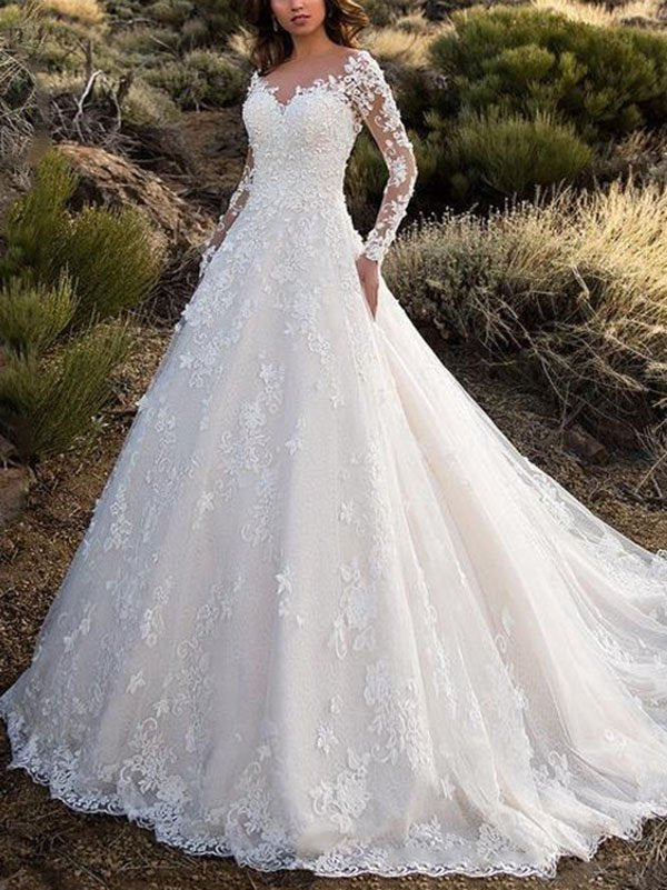 Elegantes Damen Hochzeitskleid mit Spitzenverarbeitung & voluminösem Rock für Hochzeit | Drune
