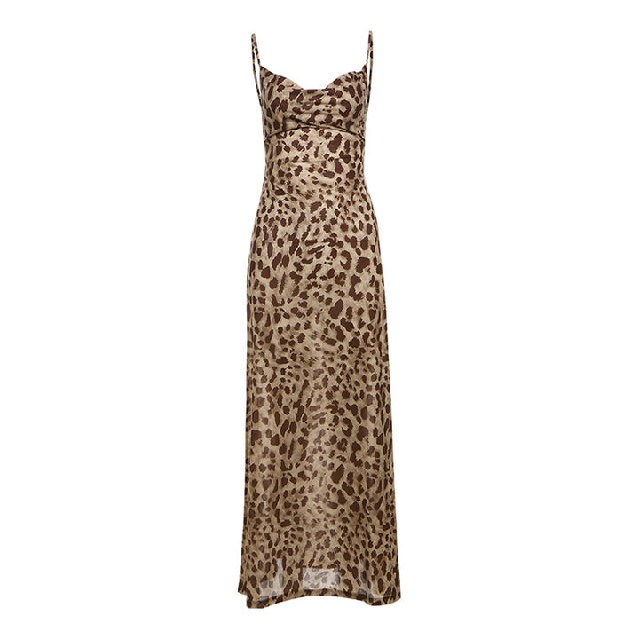 Damen Maxi Kleid mit elegantem Leopardenmuster und schmalen Trägern Drune