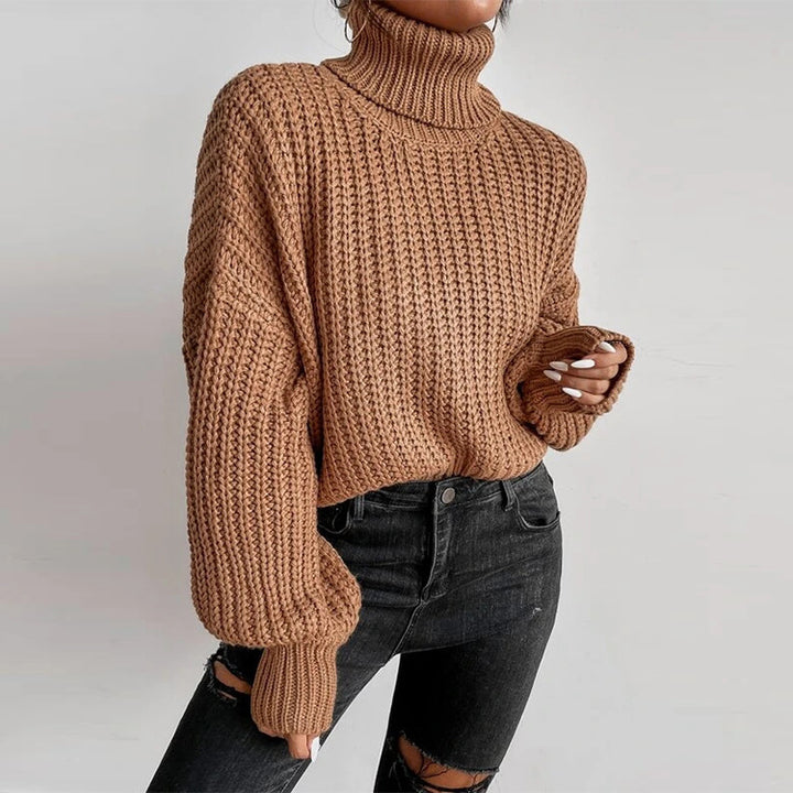 Damen Grob gestrickter Pullover mit hohem Kragen und weit ausgestellten Ärmeln Drune