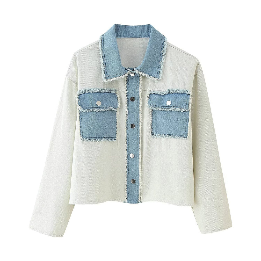 Damen cropped Denimjacke mit kontrastierenden Taschen und fransigem Saum Drune
