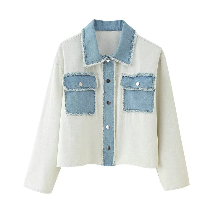 Damen cropped Denimjacke mit kontrastierenden Taschen und fransigem Saum Drune