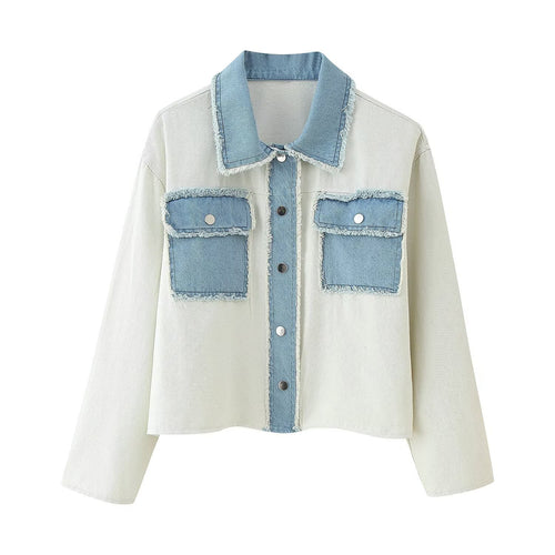 Damen cropped Denimjacke mit kontrastierenden Taschen und fransigem Saum Drune