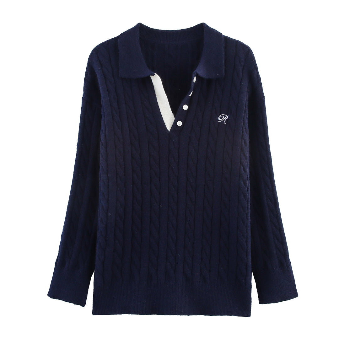 Damen Strick-Pyjama-Set mit klassischem Muster und elegantem Kragen Drune