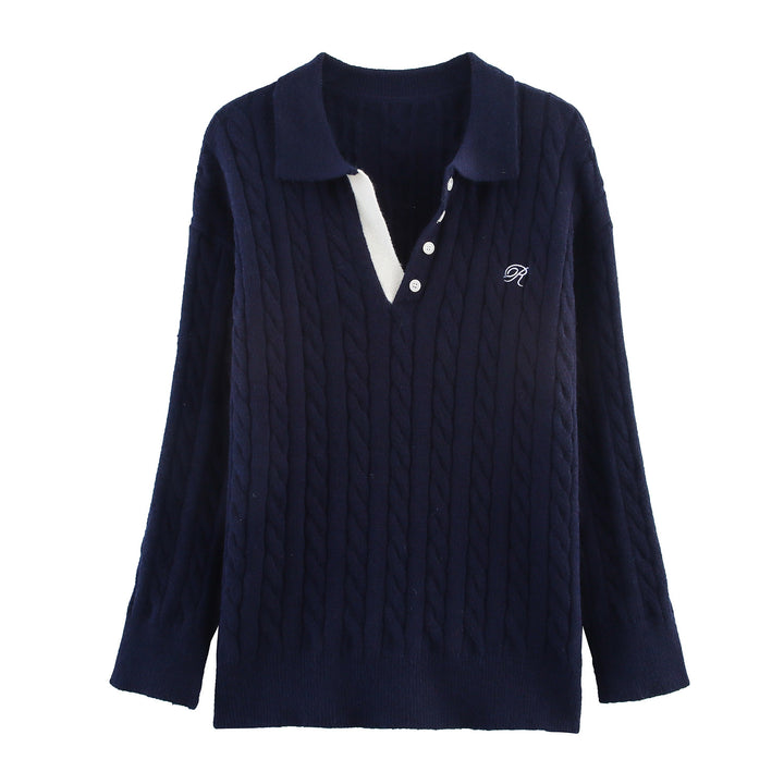 Damen Strick-Pyjama-Set mit klassischem Muster und elegantem Kragen Drune
