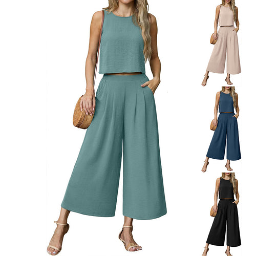 Damen luftiges Zweiteiler-Set mit weitem Hosenbein und ärmellosem Top Drune