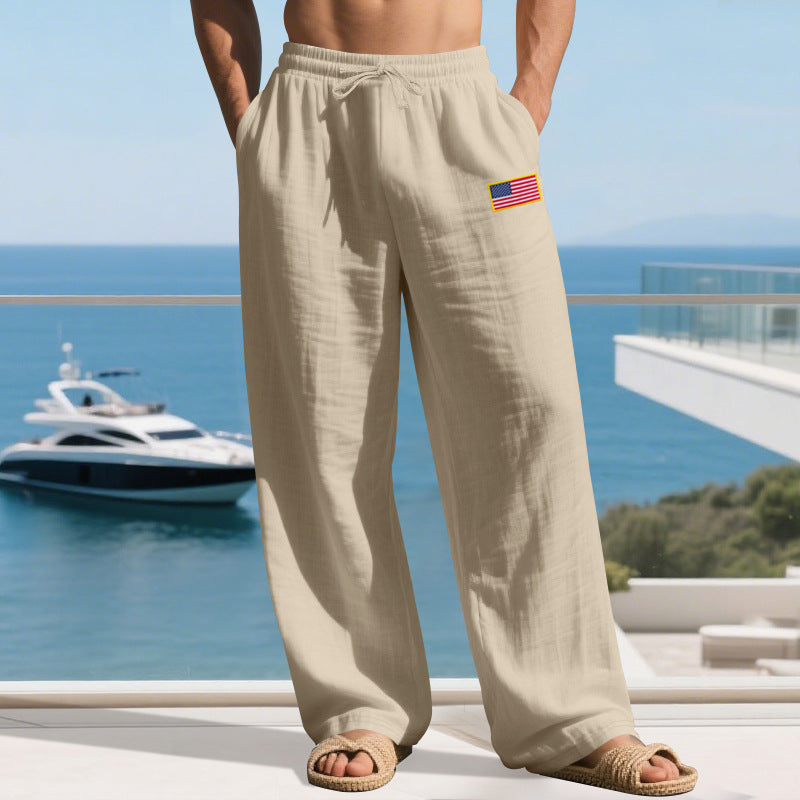 Herren lässige Strandhose mit amerikanischer Flaggen-Applikation und elastischem Bund Drune