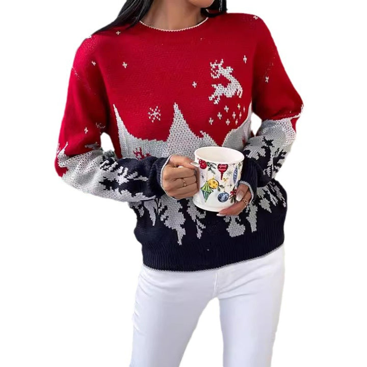 Damen festlicher Strickpullover mit winterlichem Landschaftsdesign Drune