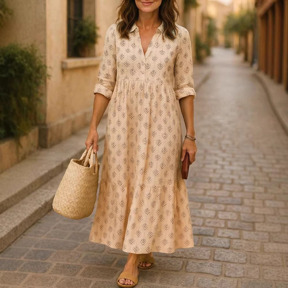 Damen Maxikleid mit elegantem Kragen und floralen Mustern Drune