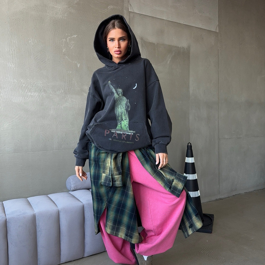 Damen Oversized Kapuzenpullover mit Kunstdruck Drune