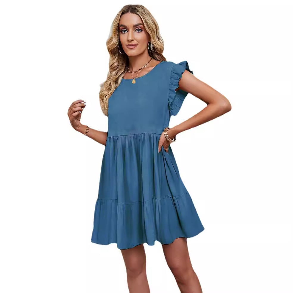 Damen Luftiges Freizeitkleid mit Rüschendetails und schwingendem Rock Drune