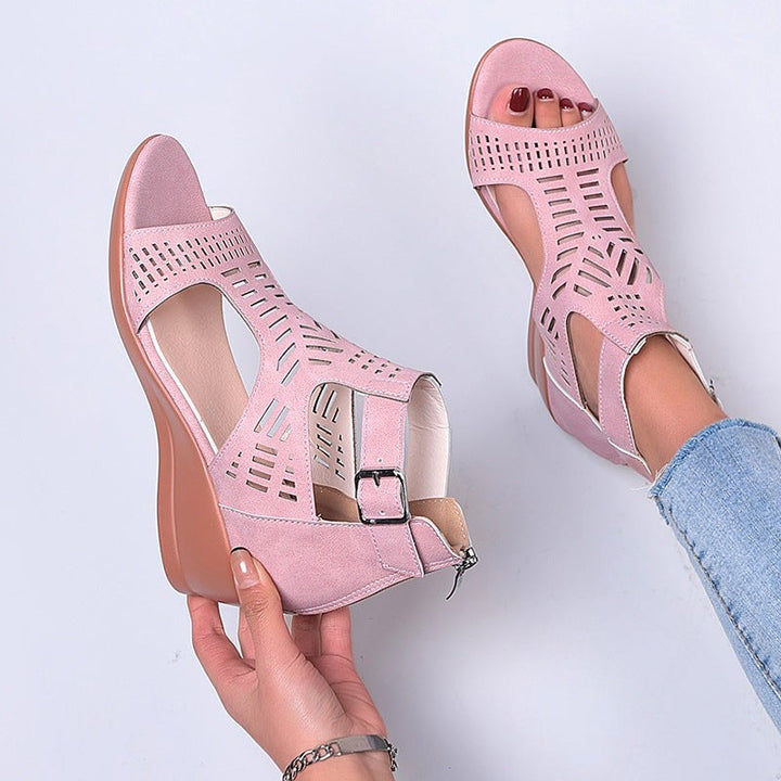 Damen Keil-Sandalen mit modischem Lochdesign und verstellbarem Riemen Drune